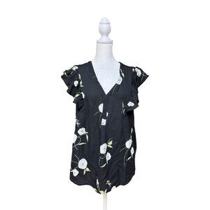 DR2 Black Floral Blouse Medium Flutter Sleeve V Neck Lightweight Casual